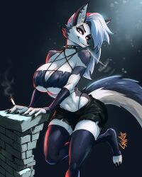  4:5 adinsteinx anthro big_breasts black_bottomwear black_clothing black_legwear black_panties black_shorts black_stockings black_underwear bottomwear breasts canid canid_demon canine cigarette clothing crop_top demon eyebrow_piercing facial_piercing female hellaverse hellhound helluva_boss hi_res legwear loona_(helluva_boss) mammal mythological_canine mythological_creature mythology navel panties piercing shirt shorts smoking smoking_cigarette solo stockings topwear under_boob underwear 
