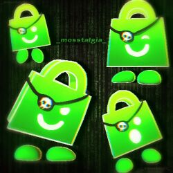  1:1 ambiguous_gender animate_inanimate armless black_background blob_feet eye_patch eye_patch_only eyewear green_body hshop hshop_bag humanoid living_bag mosstalgia nintendo nintendo_3ds nintendo_ds_family not_furry shopping_bag_(3ds) simple_background smile solo surprised text white_eyes 