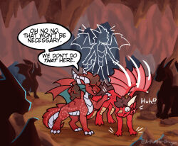  a_purple_dragon all_fours anthro biped_to_quadruped brown_hair cave claws detailed_background dragon dragon_horn duo english_text female feral forced grey_claws hair herd hi_res horn male male/female mythological_creature mythological_scalie mythology on_four_legs red_body red_scales red_wings scales scalie spread_wings surprised text white_body white_scales wings yellow_body yellow_scales 
