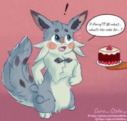  absurd_res ambiguous_gender big_tail blue_body blue_eyes blue_fur blush brown_body brown_fur cake canid canine chillet confusion dessert dialogue digital_media_(artwork) digital_painting_(artwork) digital_watercolor_(artwork) duo english_text exclamation_point eyewear feral fluffy fluffy_tail flustered food fox fur glasses hi_res holding_cake holding_eyewear holding_food holding_glasses holding_object jello_(holycrumbs) looking_at_another male mammal mostly_offscreen_character mostly_offscreen_male offering_food offering_to_another painting_(artwork) pal_(species) palworld percy_(stellamerryfox) pocketpair simple_background stellamerryfox surprised tail text url watercolor_(artwork) white_body white_fur 