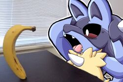  3:2 absurd_res ambiguous_gender anthro banana belly blue_body blue_fur canid canine detailed_background digital_media_(artwork) ears_up fangs fluffy food fruit fur furniture generation_4_pokemon hand_on_head hi_res humor krita_(artwork) lucario mammal mask meme nintendo open_mouth outline plant pokemon pokemon_(species) red_eyes relatable rushthepenguin shaded solo spikes surprised table tail tan_belly teeth tongue window youtube youtube_thumbnail 