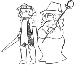  1boy 1girls 2020 big_breasts boots couple curvy curvy_female cute dingbubs dress female huge_breasts knight knight_helmet mage male medieval_armour megadingus no_mouth shield simple_background sketch staff sword wide_hips witch_hat 