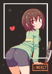  bike_shorts blood brown_hair chara clothing cougar1404 female female_only knife looking_at_viewer presenting presenting_hindquarters red_eyes red_pupils short_hair shorts simple_background smile tagme teasing tight_clothing undertale 