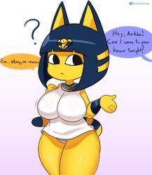  1girls 2021 animal_crossing ankha anthro big_breasts breasts egyptian feline female female_only nintendo startop tail text thick_thighs thighs watermark yellow_body 