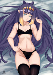  1girls bed black_bra black_panties black_stockings blue_eyes bra collarbone diadem female female_focus female_only hand_on_hair hand_on_panties highres hololive hololive_english hololive_myth light-skinned_female light_skin long_hair looking_at_viewer lying lying_on_back lying_on_bed mole mole_under_eye multicolored_hair ninomae_ina&#039;nis pale-skinned_female pale_skin panties pointy_ears pulling_panties purple_hair ribs stockings tiara underwear underwear_only very_high_resolution very_long_hair virtual_youtuber yellow_hair 