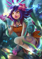  artist_name blue_hair blue_skin breasts bug butterfly colored_skin commentary english_commentary felielle female flipped_hair flower green_skin hair_between_eyes hair_flower hair_ornament hand_up jewelry league_of_legends leg_up light_blue_hair lips lizard_tail long_hair looking_at_animal medium_breasts multicolored_hair multicolored_skin neeko_(league_of_legends) nose pendant pink_flower pink_hair pink_skin reptile_girl solo strap_slip tail teeth upper_teeth_only yellow_eyes 