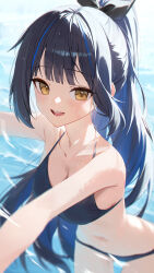  bikini black_bikini black_hair black_ribbon blue_hair blush breasts brown_eyes dark_blue_hair female foreshortening gradient_hair hair_ribbon highres huhi_(huhi_1211) lilpa long_hair looking_at_viewer medium_breasts multicolored_hair navel ocean open_mouth partially_submerged ponytail ribbon smile solo streaked_hair swimsuit very_long_hair virtual_youtuber waktaverse water 