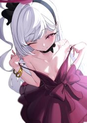  absurdres bare_arms bare_shoulders black_choker black_hairband blue_archive blush bongnom bracelet breasts choker closed_mouth clothes_pull dress earrings female gold_bracelet hairband halo highres jewelry long_hair looking_at_viewer multiple_bracelets mutsuki_(blue_archive) mutsuki_(dress)_(blue_archive) official_alternate_costume one_eye_closed pointy_ears pulling_own_clothes red_dress seductive_smile simple_background sleeveless sleeveless_dress small_breasts smile solo strap_slip teasing undressing wavy_ends white_background white_hair 