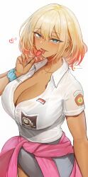  absurdres artist_name blonde_hair blue_eyes blush breasts candy cleavage collared_shirt female food gina_widyawati_(vloodozer) gradient_hair grey_skirt gyaru hair_ornament hairpin heart_stickers highres indonesian_flag indonesian_high_school_uniform jacket jewelry large_breasts looking_at_viewer multicolored_hair nail_polish necklace original pink_hair school_uniform scrunchie see-through see-through_shirt shirt simple_background skirt solo tongue tongue_out vloodozer white_background white_shirt wrist_scrunchie 