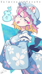  blue_kimono blush breasts carte dress female frilled_kimono frills ghost hat hitodama japanese_clothes kimono long_sleeves looking_at_viewer mob_cap pink_eyes pink_hair ribbon saigyouji_yuyuko short_hair smile solo tongue tongue_out touhou triangular_headpiece wide_sleeves 