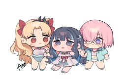  3girls :o arm_grab azu_(kirara310) bikini black_hair black_tiara blonde_hair blue_hair blue_jacket blue_one-piece_swimsuit blunt_bangs blush_stickers bow chibi closed_mouth colored_inner_hair dress ereshkigal_(fate) fate/grand_order fate_(series) glasses grey_eyes hair_over_one_eye hairbow hand_on_own_hip highres jacket long_hair looking_ahead looking_at_another mash_kyrielight mash_kyrielight_(swimsuit_of_perpetual_summer_ver.02) multicolored_hair multiple_girls one-piece_swimsuit open_mouth parted_bangs pink_hair purple_eyes red_bow red_eyes short_hair side-by-side signature simple_background sleeveless sleeveless_dress space_ereshkigal_(fate) space_ereshkigal_(first_ascension)_(fate) standing streaked_hair sweatdrop swimsuit tenochtitlan_(fate) tenochtitlan_(swimsuit_mooncancer)_(fate) tenochtitlan_(swimsuit_mooncancer)_(second_ascension)_(fate) tiara two-tone_one-piece_swimsuit two_side_up white_background white_bikini white_dress white_one-piece_swimsuit 