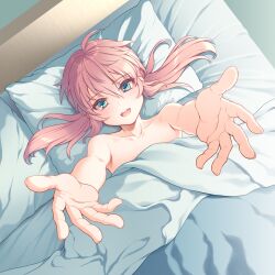  1boy aqua_eyes arms_up bare_shoulders bed blanket blush fujimura_hinami hands_up highres inazuma_eleven_(series) inazuma_eleven_go kirino_ranmaru long_hair lying male_focus open_mouth pillow pink_hair solo topless_male 