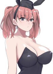  animal_ears atlanta_(kancolle) bare_shoulders black_leotard blush breasts brown_hair cleavage collarbone earrings fake_animal_ears female garrison_cap grey_eyes hat highres jewelry kantai_collection large_breasts leotard long_hair looking_at_viewer playboy_bunny rabbit_ears simple_background single_earring smile solo star_(symbol) star_earrings strapless strapless_leotard tirasi_(so) two_side_up upper_body white_background wrist_cuffs 