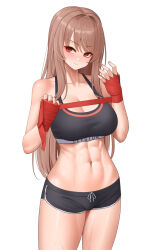  abs alternate_costume bare_shoulders black_shorts black_sports_bra blush breasts brown_hair closed_mouth collarbone cowboy_shot female goddess_of_victory:_nikke hands_up highres large_breasts long_hair looking_at_viewer muscular muscular_female navel rapi_(nikke) red_bandage red_eyes short_shorts shorts sidelocks simple_background solo sports_bra sweat thighs wei_xiao white_background 