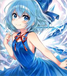  blue_bow blue_dress blue_eyes blue_hair blush bow chacham cirno cirno_day closed_mouth detached_wings dress female grey_background hairbow hashtag-only_commentary ice ice_wings looking_at_viewer short_hair sleeveless sleeveless_dress smile solo touhou twitter_username upper_body wings 