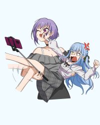  2girls :3 absurdres bang_dream! bang_dream!_it&#039;s_mygo!!!!! black_ribbon black_skirt blue_hair breasts carrying cellphone cleavage collarbone commentary dated_commentary frilled_shirt frills grey_shirt grey_skirt hair_ribbon highres long_hair long_sleeves multiple_girls neck_ribbon off-shoulder_shirt off_shoulder open_mouth phone princess_carry purple_eyes purple_hair ribbon selfie_stick shirt short_hair sidelocks simple_background skirt smartphone sweatdrop togawa_sakiko white_background white_shirt yuutenji_nyamu yzj21333 