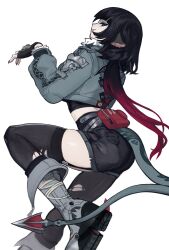  animal_ears black_hair black_pantyhose black_shorts black_thighhighs blunt_bangs brown_pantyhose brown_thighhighs closed_mouth full_body fur-trimmed_jacket fur_trim green_eyes green_jacket haiyahaiyohai highres jacket jane_doe_(zenless_zone_zero) long_hair looking_at_another looking_at_viewer mouse_ears mouse_girl mouse_tail multicolored_hair pantyhose red_hair shorts simple_background single_leg_pantyhose single_thighhigh smile solo tail thighhighs thighs two-tone_hair white_background zenless_zone_zero 