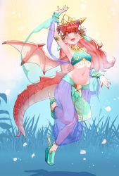  arabian_clothes armlet bare_shoulders blush bracelet breasts careena_(visions_of_mana) circlet dancer dongchuan dragon_tail dragon_wings earrings female harem_outfit harem_pants head_chain highres horns jewelry long_hair looking_at_viewer midriff multicolored_clothes navel open_mouth pants pointy_footwear red_hair red_nails see-through see-through_legwear small_breasts smile solo tail veil visions_of_mana wings yellow_eyes 