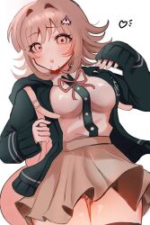  blush breasts brown_hair collared_shirt danganronpa_(series) danganronpa_2:_goodbye_despair female flipped_hair galaga hair_ornament heart hood ikemen&#039;na_ore-shi jacket long_sleeves looking_at_viewer medium_hair nanami_chiaki neck_ribbon open_clothes open_jacket pink_eyes pink_ribbon pleated_skirt ribbon shiny_skin shirt skirt solo white_shirt zettai_ryouiki 