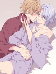  2boys ahoge asymmetrical_hair bed_sheet blonde_hair blue_hair blush closed_mouth collarbone eye_contact genshin_impact green_eyes hair_between_eyes hair_ribbon hand_in_another&#039;s_hair hand_up highres holding_hands imminent_kiss interlocked_fingers japanese_clothes kamisato_ayato kimono long_sleeves looking_at_another lying male_focus medium_hair mole mole_under_mouth multiple_boys off_shoulder on_back parted_lips ponytail purple_eyes purple_kimono red_kimono red_ribbon ribbon short_kimono single_bare_shoulder soranomonooki sweat thoma_(genshin_impact) twitter_username wavy_mouth wide_sleeves yaoi 