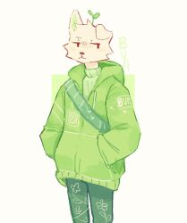  2023 anthro black_eyes blush blush_lines bunonthemoon canid canine canis clothing domestic_dog floppy_ears fur green_clothing green_hoodie green_topwear hoodie looking_aside male mammal slim_anthro slim_male solo sprout_(plant) standing topwear white_body white_fur 