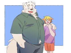  2024 4:3 anthro black_nose bottomwear canid canine canis closed_eyes clothing cute_fangs domestic_dog duo hi_res hug inunoshippo kemono male mammal open_mouth overweight overweight_male shirt shorts simple_background smile topwear 