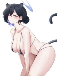  absurdres animal_ears bikini black_bikini black_hair blue_archive blue_hair blue_halo cat_ears cat_girl cat_tail collarbone colored_inner_hair commentary female halo highres kaguya_(blue_archive) multicolored_hair poolpool short_hair simple_background solo swimsuit tail two-tone_hair white_background 