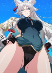  animal_ears aqua_dress black_gloves black_panties blue_sky breasts china_dress chinese_clothes clothing_cutout dress feixiao_(honkai:_star_rail) female forehead_jewel fox_ears fox_girl from_below gloves highres honkai:_star_rail honkai_(series) jacket large_breasts long_hair makiri_akira panties side_cutout sky thighs underwear white_hair white_jacket 