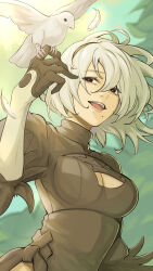  2b_(nier:automata) animal bird black_shirt breasts cleavage cleavage_cutout clothing_cutout cropped_torso dove enotouwa female highres holding holding_animal looking_at_animal medium_breasts medium_hair mole mole_under_mouth nier:automata nier_(series) no_blindfold shirt solo white_hair 