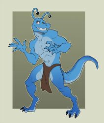  alien anthro blue_body blue_scales bottomwear brown_eyes clothed clothing digital_media_(artwork) domo_(ben300) featureless_chest hi_res loincloth loincloth_only male navel scales silverclaw1 smile solo tail teeth topless 