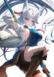  absurdres alphaart animal_ear_fluff animal_ears aqua_eyes belt black_shorts blue_shirt breasts coat commentary feixiao_(honkai:_star_rail) female forehead_jewel fox_ears fox_girl grin highres holding holding_polearm holding_weapon honkai:_star_rail honkai_(series) large_breasts looking_at_viewer parted_bangs polearm polearm_behind_back shirt shorts smile solo weapon white_belt white_coat white_hair 