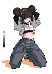  black_shirt blunt_bangs candy color_guide crop_top double_bun drawstring female food gaako_illust grey_eyes grey_pants hair_bun headphones highres kneeling layered_sleeves lollipop long_sleeves midriff original pants shadow shirt shoes short_over_long_sleeves short_sleeves sidelocks simple_background smile sneakers solo white_background wide_sleeves 