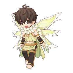  1boy :d antenna_hair arm_warmers barefoot black_pants brown_eyes brown_hair cape chibi chibi_only clever_(ragnarok_online) fairy_wings full_body fur_cape gold_trim green_cape green_shirt green_skirt green_wings hair_between_eyes jewelry looking_at_viewer male_focus medium_bangs midriff navel official_art open_mouth pants pants_under_skirt pointy_ears ragnarok_online ring shirt short_hair simple_background skirt sleeveless sleeveless_shirt smile solo standing transparent_background wings yuichirou 