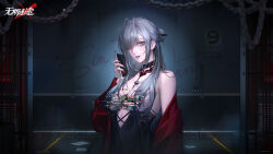  absurdres against_wall antenna_hair bare_shoulders black_choker black_dress blue_nails breasts cellphone censored chains character_name choker cleavage copyright_name dress eleven_(path_to_nowhere) eyes_visible_through_hair female glitch glitch_censor grey_hair hair_bun hair_over_one_eye hand_up highres holding holding_phone indoors jacket logo long_hair looking_at_viewer medium_breasts mugshot off_shoulder official_art official_wallpaper parted_lips path_to_nowhere phone plunging_neckline prison_cell prison_clothes purple_lips red_jacket red_pupils sleeveless sleeveless_dress smartphone solo spaghetti_strap upper_body yellow_eyes 