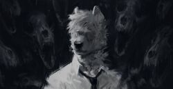  2024 american_mythology anthro biped black_necktie canid canine canis dark eyeless fur geewolf group hi_res indigenous_north_american_mythology male mammal monotone_body monotone_fur mythology necktie north_american_mythology solo_focus wendigo white_body white_dress_shirt white_fur wolf yelling 