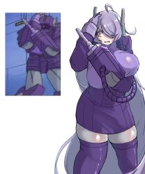  arm_cannon ass breasts clenched_teeth collared_shirt cowlick decepticon female genderswap_(mtf) gloves hand_on_own_head high-waist_skirt highres huge_breasts humanization jiatang long_hair mecha one_eye_covered purple_gloves purple_hair purple_shirt purple_skirt purple_thighhighs reference_inset robot rule_63 shirt shockwave_(transformers) skindentation skirt solo sweat teeth thighhighs transformers transformers:_generation_1 very_long_hair weapon white_background yellow_eyes 