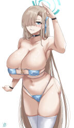  asuna_(blue_archive) bare_shoulders bikini blue_archive blue_bikini blue_eyes blue_ribbon blush breasts choker cleavage collarbone eyepatch_bikini female grin hair_over_one_eye hair_ribbon halo highleg highleg_bikini highres ibara_azuki large_breasts light_brown_hair long_hair looking_at_viewer navel ribbon skindentation smile solo swimsuit thighhighs thighs very_long_hair white_thighhighs 