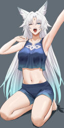  absurdres animal_ear_fluff animal_ears anoreika_tomoe armpits bare_legs barefoot blue_eyes blue_shirt blue_shorts breasts collarbone commentary crop_top feet feixiao_(honkai:_star_rail) female forehead_jewel fox_ears fox_girl gradient_hair green_hair grey_background highres honkai:_star_rail honkai_(series) kneeling large_breasts legs long_hair midriff multicolored_hair navel official_alternate_costume one_eye_closed open_mouth outstretched_arm parted_bangs saliva shirt shorts sidelocks solo teeth toes upper_teeth_only very_long_hair white_hair yawning 