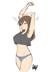  artist_logo black_shirt blue_panties brown_hair closed_eyes commentary_request crop_top female hair_down highres kaga_(kancolle) kantai_collection long_hair panties shirt simple_background sleeveless sleeveless_shirt solo stretching tadokoro_nurikabe underwear white_background 