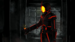  1boy bad_id bad_pixiv_id commentary cowboy_shot dark glowing highres kamen_rider kamen_rider_555 kamen_rider_faiz looking_at_hand male_focus neon_trim rider_belt room ruru_ashihara solo window 