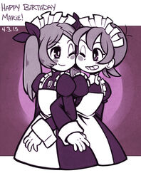  2girls alternate_costume apron bad_id bad_pixiv_id bloody_marie_(skullgirls) blush_stickers cheek-to-cheek dated enmaided flat_chest gias-ex-machella hair_ribbon happy_birthday heads_together long_hair maid maid_headdress monochrome multiple_girls peacock_(skullgirls) ribbon short_hair skullgirls twintails wrist_cuffs 