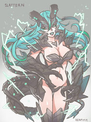  aqua_hair bad_id bad_pixiv_id breasts claws electricity female kaijuu large_breasts long_hair monster_girl pacific_rim personification reammara slattern solo 