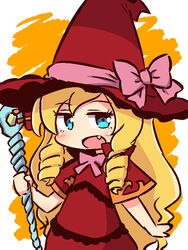  :d blonde_hair blue_eyes blush bow capelet chibi commentary_request doctor_magus doctor_magus_4 dress drill_hair female hat hat_bow holding holding_staff long_hair looking_at_viewer naga_u oerba_yun_fang open_mouth orange_background pink_bow red_capelet red_dress red_hat sekaiju_no_meikyuu sekaiju_no_meikyuu_2 sidelocks smile solo staff two-tone_background upper_body very_long_hair white_background witch_hat 