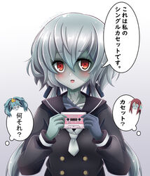  3girls :d artist_name black_shirt blue_hair blue_skin blush cassette_tape colored_skin commentary d: grey_hair hair_between_eyes hair_ornament holding hoshikawa_lily konno_junko light_blue_hair long_hair long_sleeves looking_at_viewer low_twintails minamoto_sakura multiple_girls o_o open_mouth orange_eyes patchwork_skin photoshop_(medium) red_hair ryusei2u scar scar_on_face school_uniform serafuku shirt smile speech_bubble star_(symbol) star_hair_ornament stitches thought_bubble translated twintails twitter_username upper_body zombie zombie_land_saga 