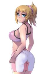  ass bare_shoulders bike_shorts blonde_hair blue_eyes breasts commentary_request female gundam gundam_build_fighters gundam_build_fighters_try hevn hoshino_fumina light_smile long_hair looking_at_viewer looking_back medium_breasts ponytail simple_background solo sports_bra tight_clothes two-tone_sports_bra white_background 