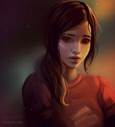  artist_name backlighting bad_deviantart_id bad_id brown_eyes brown_hair closed_mouth ellie_(the_last_of_us) female freckles hair_over_shoulder light_smile long_hair long_sleeves looking_at_viewer low_ponytail numyumy red_sweater shade solo sweater the_last_of_us the_last_of_us_(series) upper_body watermark web_address 