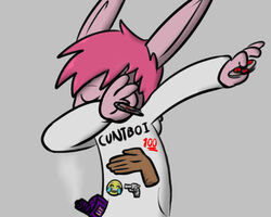  2017 5:4 anthro clothed clothing dabbing digital_media_(artwork) emoji fidget_spinner fur hair lagomorph leporid male mammal meme pink_hair pokefound profanity rabbit simple_background solo sonny_boop sweater topwear vape 