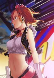  absurdres arms_at_sides bad_id bad_pixiv_id black_skirt blue_eyes bow brown_hair cloud crop_top dark_clouds earrings female frilled_sleeves frills gloves hair_between_eyes hair_ornament hairbow hairclip headset heart heart_earrings highres idol jewelry kosaka_honoka looking_to_the_side love_live! love_live!_school_idol_project midriff navel neko7 no_brand_girls open_clothes open_vest photoshop_(medium) pleated_skirt red_ribbon ribbon serious shirt short_hair short_sleeves skirt solo speaker stage standing sunset twilight vest white_gloves white_shirt wind 