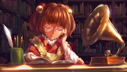  apron bad_id bad_pixiv_id bell blush bobomaster book checkered_clothes checkered_kimono closed_eyes clothes_writing commentary_request cup female glasses hair_bell hair_ornament japanese_clothes jingle_bell kimono motoori_kosuzu open_mouth pen phonograph photoshop_(medium) quill red_hair scarf short_hair smile solo touhou two_side_up wide_sleeves 