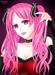  breasts choker commentary_request corset female ghrelin hair_ribbon highres jewelry pink_eyes pink_hair ribbon self-upload shiki_(novel) shimizu_megumi solo 